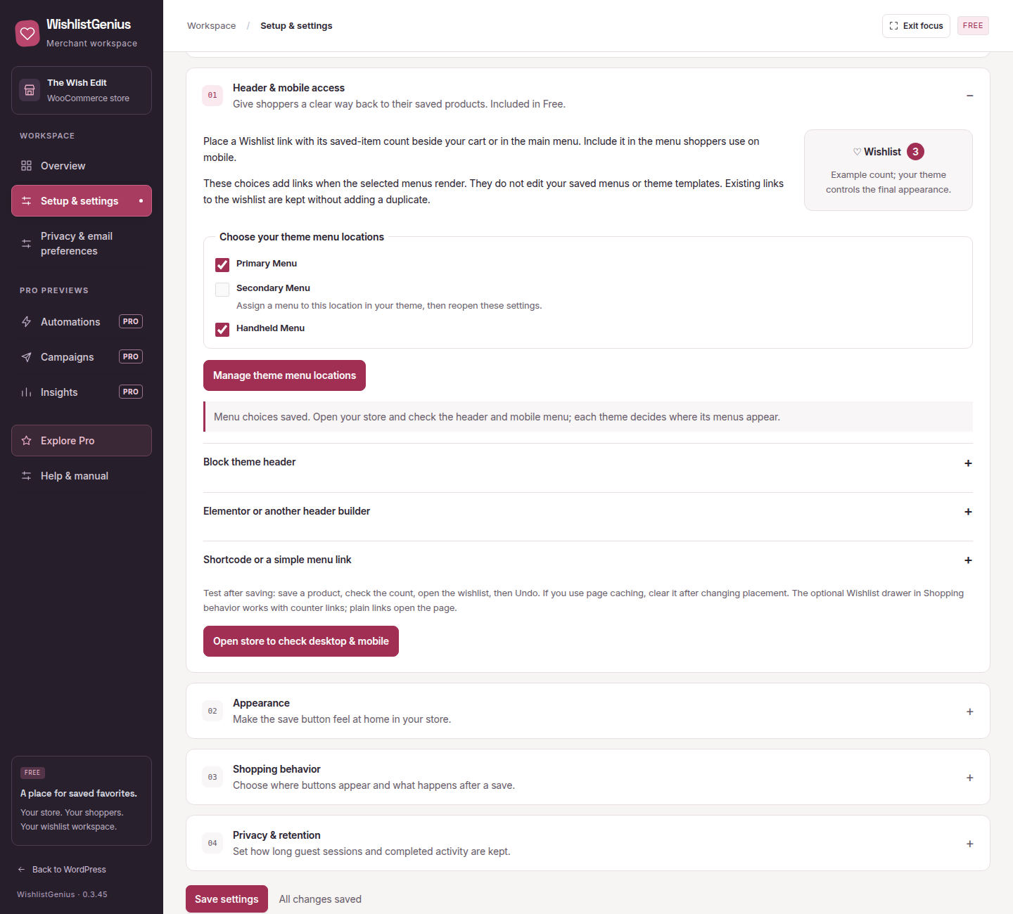 Wishlist header and mobile menu placement controls