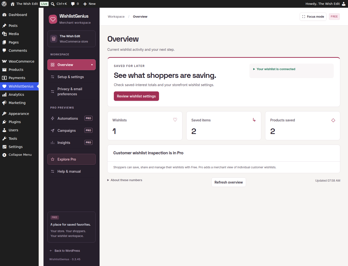 WishlistGenius Free 0.3.45 in the main WordPress menu
