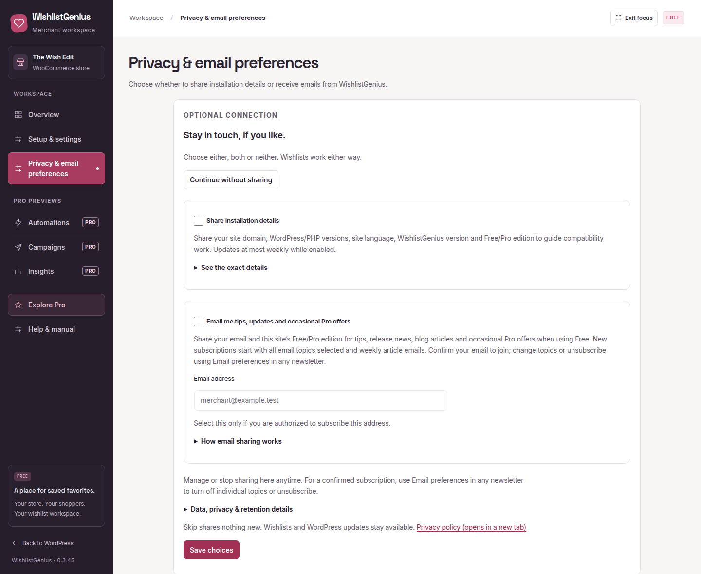 Optional privacy and newsletter settings