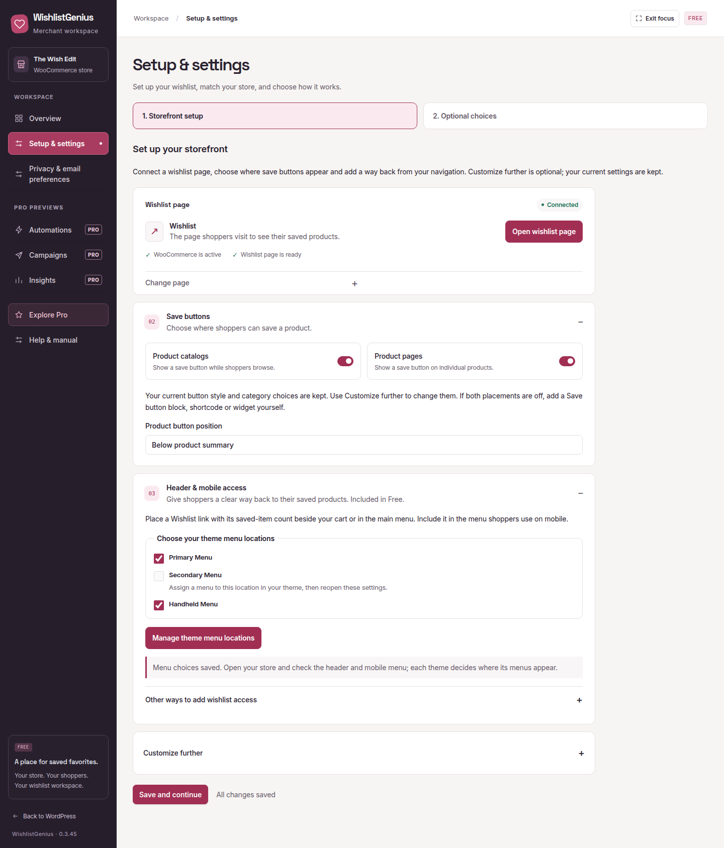 WishlistGenius guided setup and storefront access settings