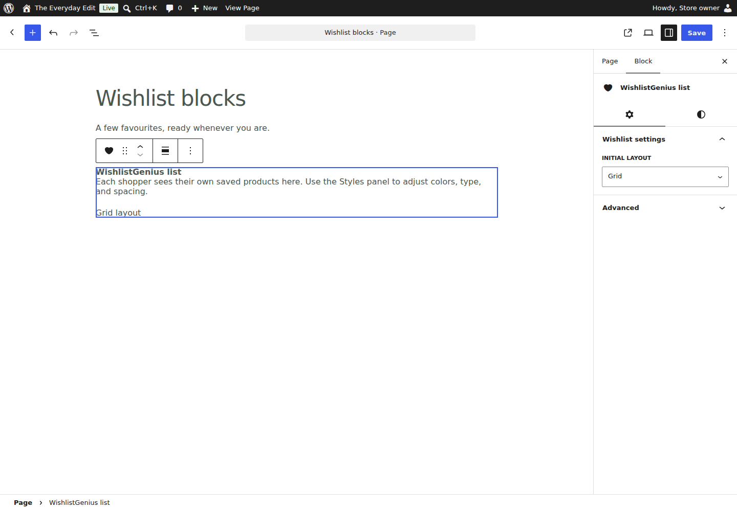 Wishlist block and layout inspector in WordPress
