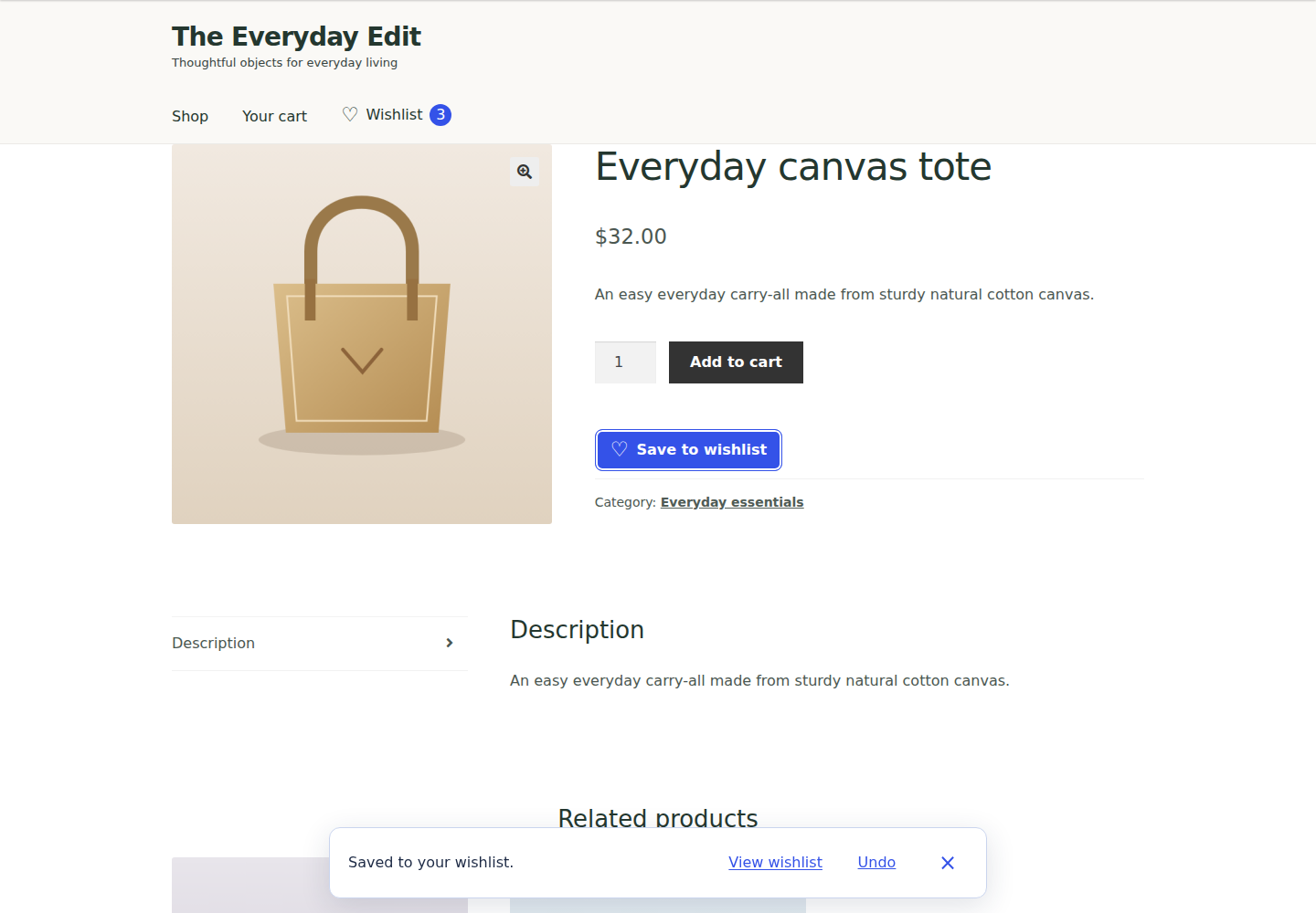 Saved-to-wishlist confirmation with Undo