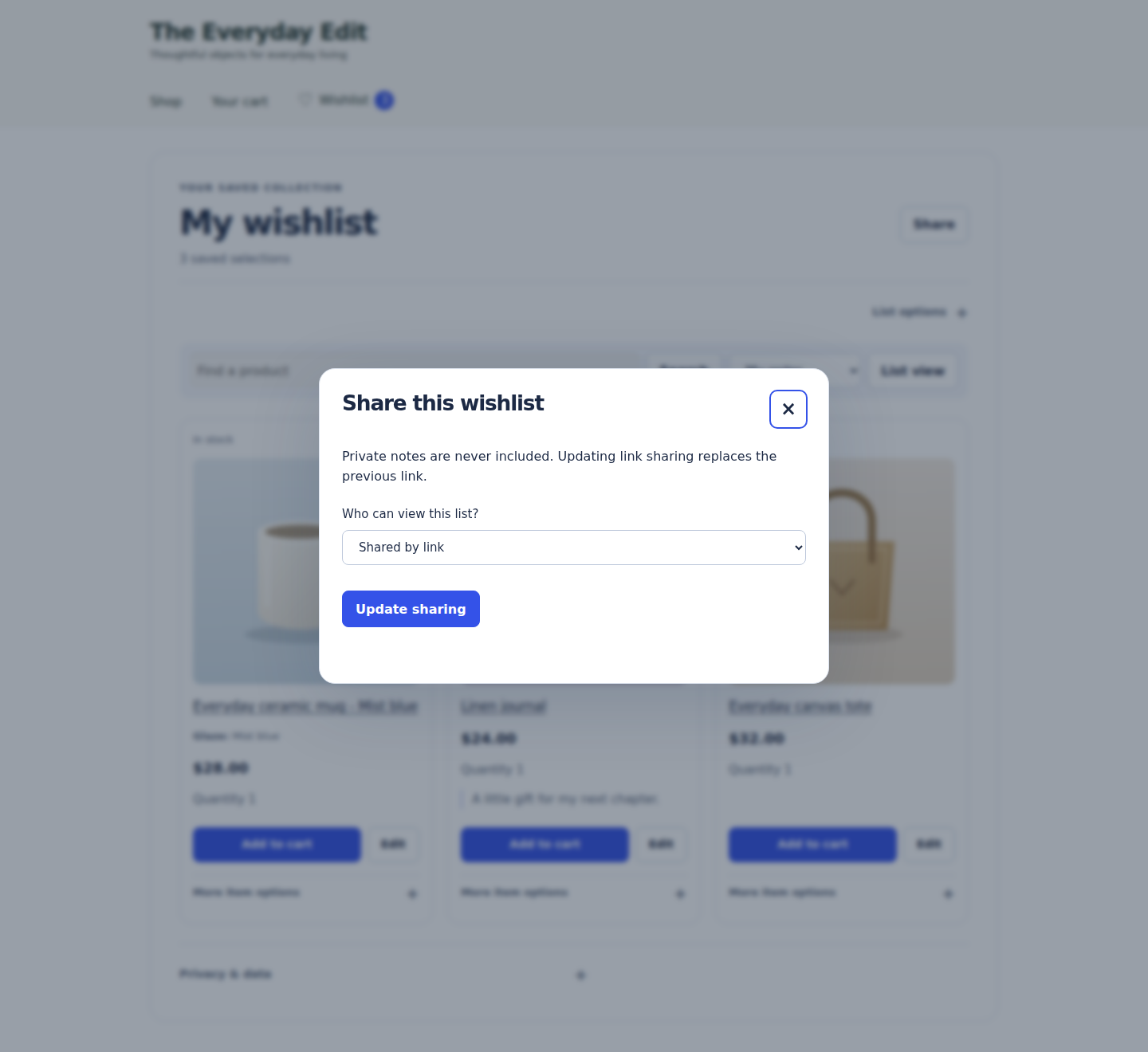 Wishlist sharing options