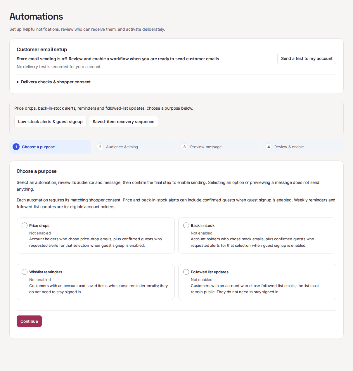 Automation purpose choices with sending off