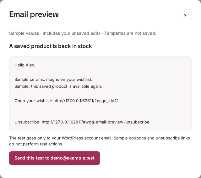 Back-in-stock email preview with sample product and local example links