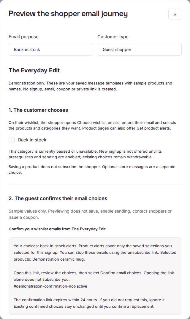 Guest product-alert choice and confirmation preview