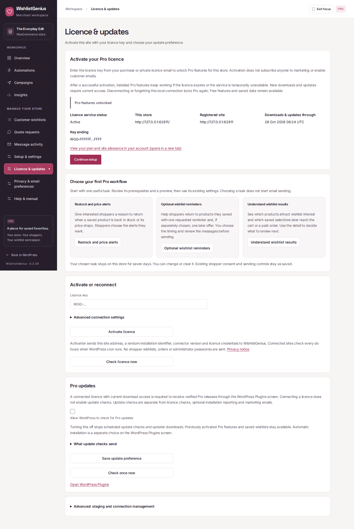 Pro licence screen with locally simulated active entitlement
