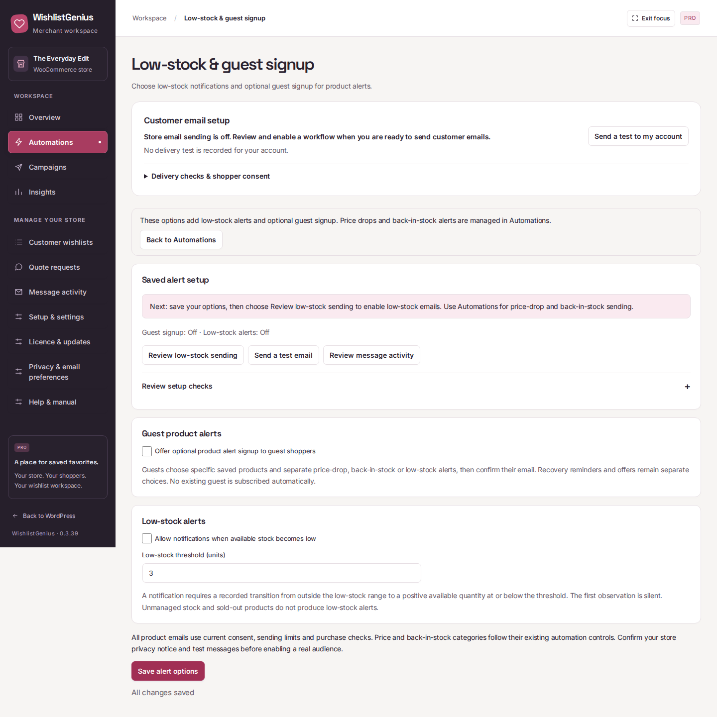 Low-stock notification and optional guest signup settings