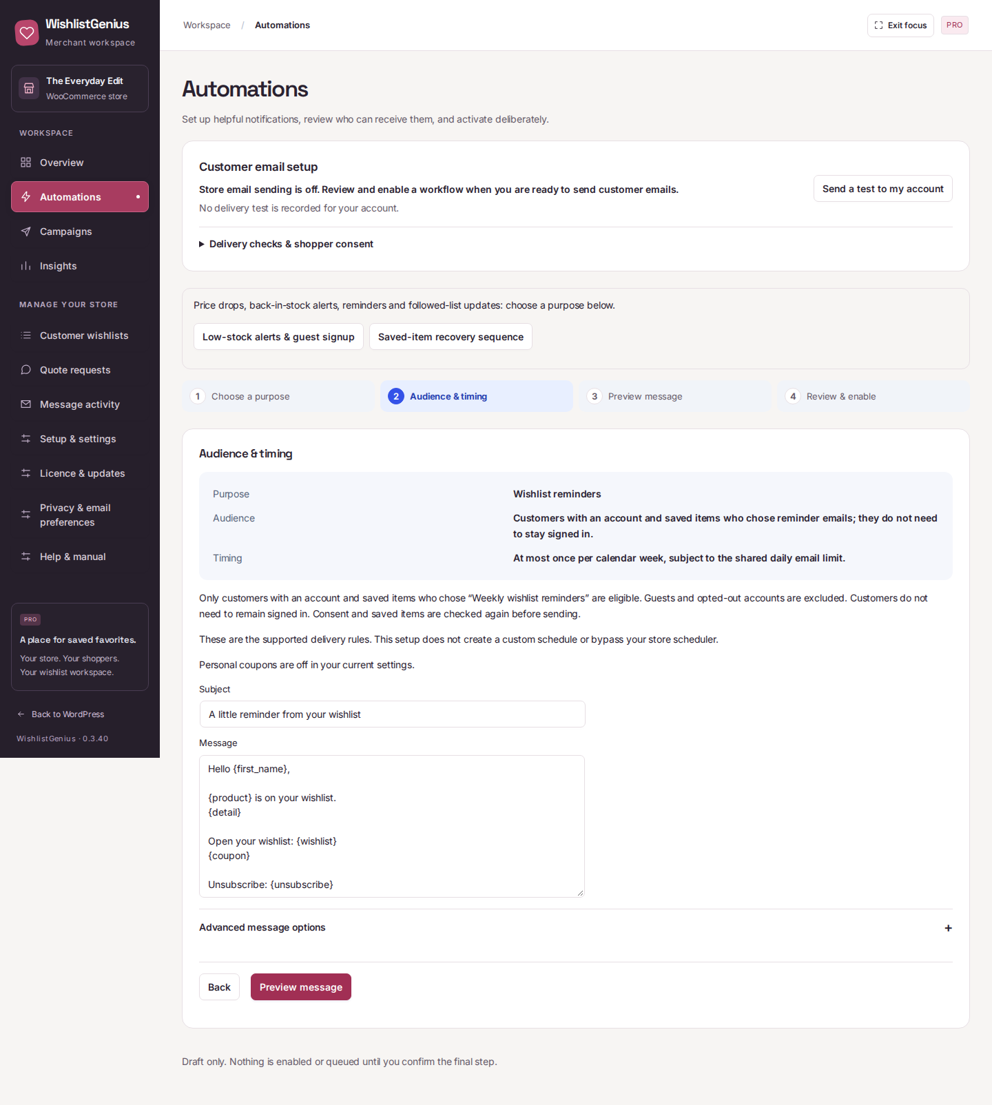 Wishlist reminders workflow naming its required customer email preference